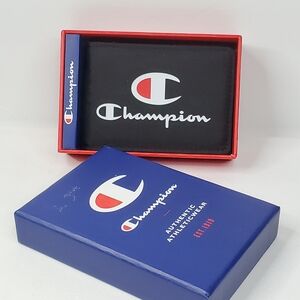 New Champion Black Bifold Wallet Large Graphic Logo Spellout, In Original Box.